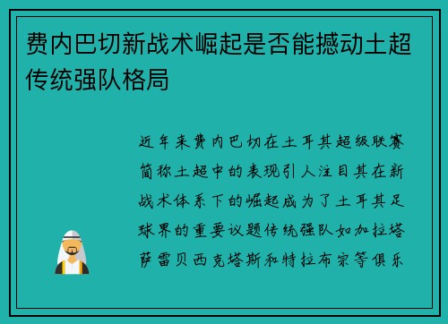 费内巴切新战术崛起是否能撼动土超传统强队格局